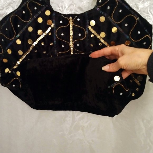 NWOT Black Velvet Shoulder Bag/Tote, Gold Sequins & Beads - Picture 3 of 13